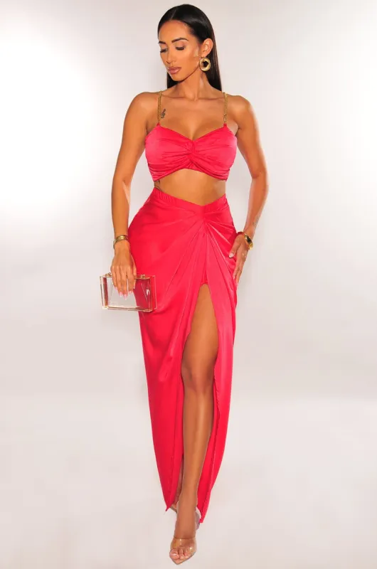 Red Gold Chain Padded Knotted Slit Skirt Two Piece Set sold by Hot Miami Styles