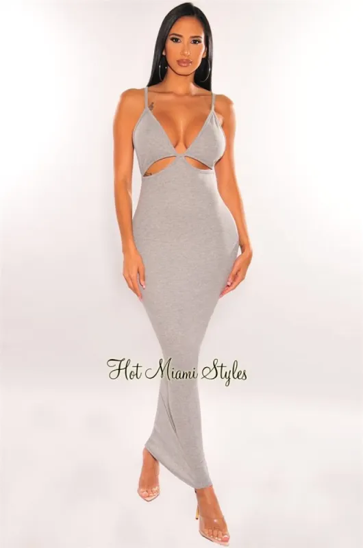 Gray V Neck Spaghetti Straps Cut Out Maxi Dress sold by Hot Miami Styles