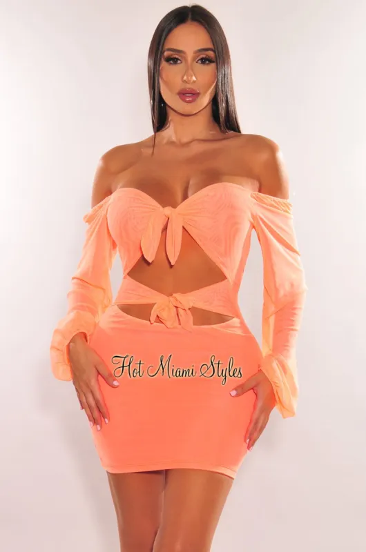 Neon Orange Mesh Tie Up Cut Out Long Sleeve Dress sold by Hot Miami Styles