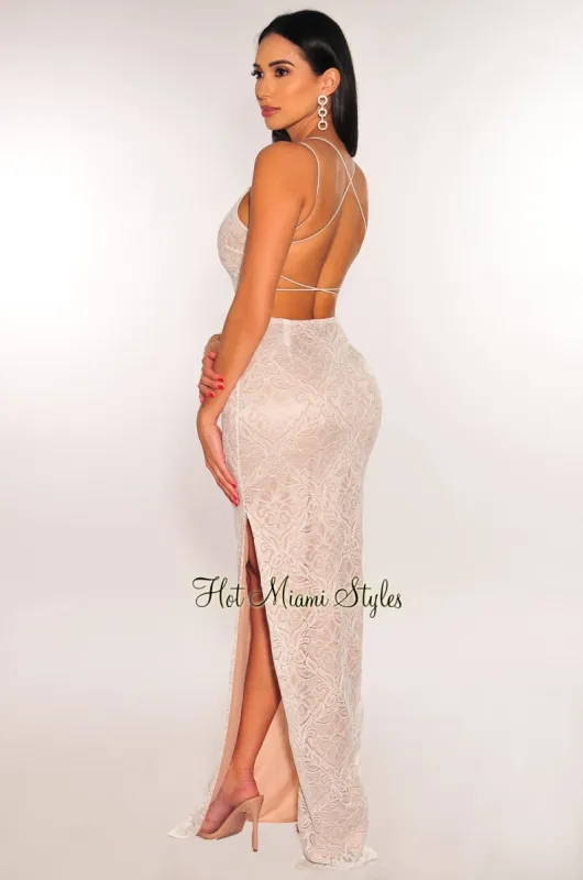 White Nude Floral Lace Elastic Straps CrissCross Back Slit Maxi Dress sold by Hot Miami Styles