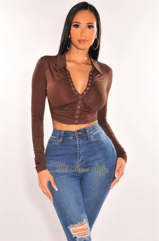 Chocolate Collared Long Sleeve Snap Button Ruched Crop Top sold by Hot Miami Styles