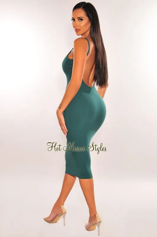 Forrest Green Ribbed Knit Spaghetti Straps Scoop Back Midi Dress sold by Hot Miami Styles