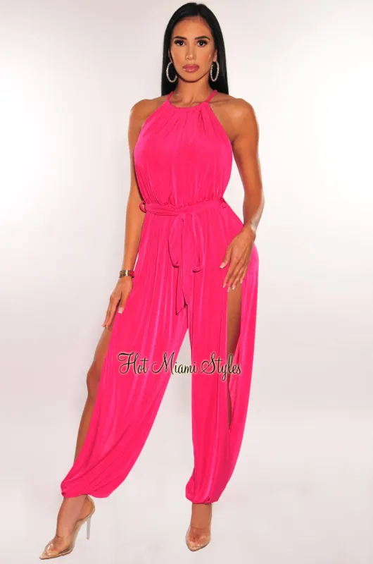 Hot Pink Shimmery Slit Hem Belted Harem Jumpsuit sold by Hot Miami Styles