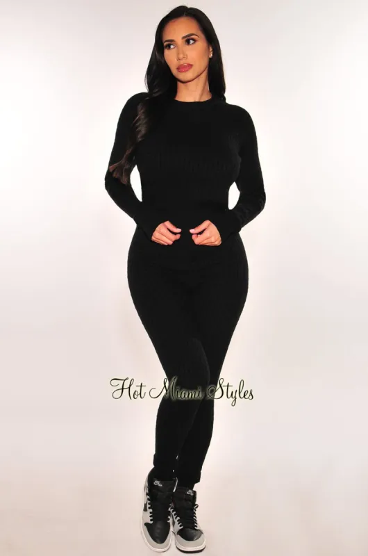 Black Cable Knit Round Neck Long Sleeve Pants Two Piece Set sold by Hot Miami Styles