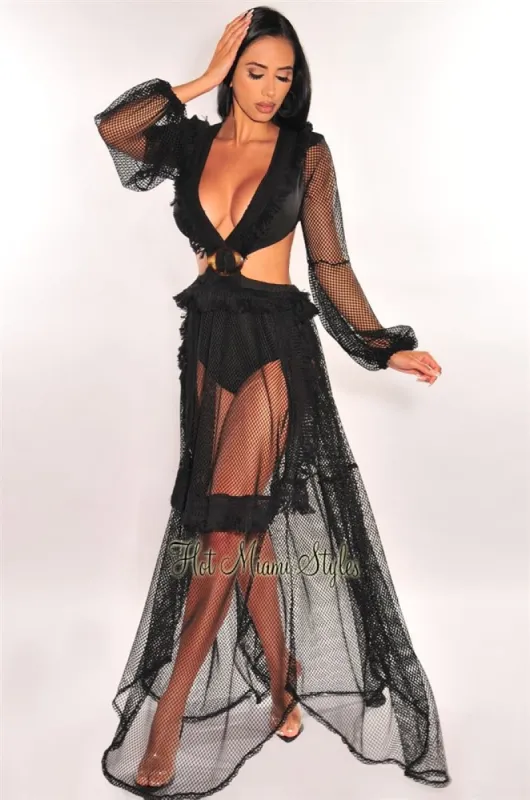 Black Fringe Cut Out Lace Up Back Long Sleeves Maxi Dress sold by Hot Miami Styles
