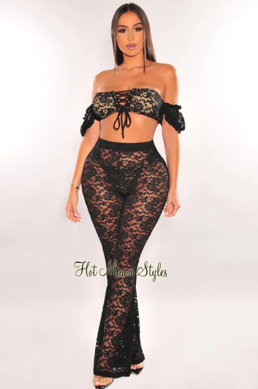 Black Floral Lace Sheer High Waist Flare Cover Up Pants sold by Hot Miami Styles