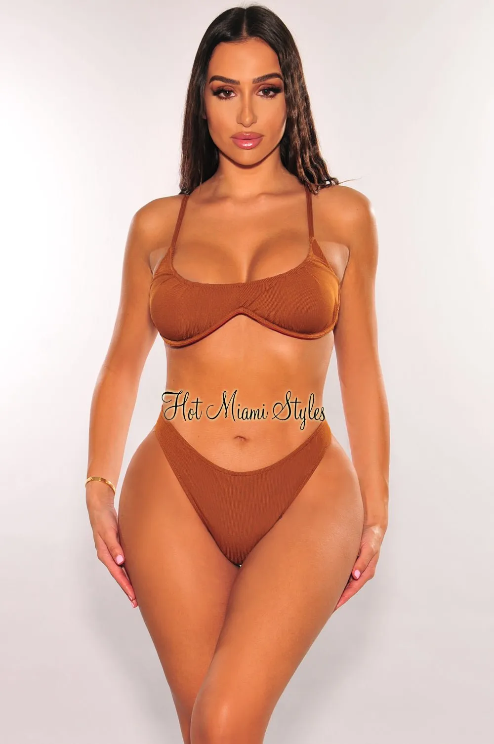 Latte Ribbed Padded Spaghetti Straps Underwire Bikini Top sold by Hot Miami Styles