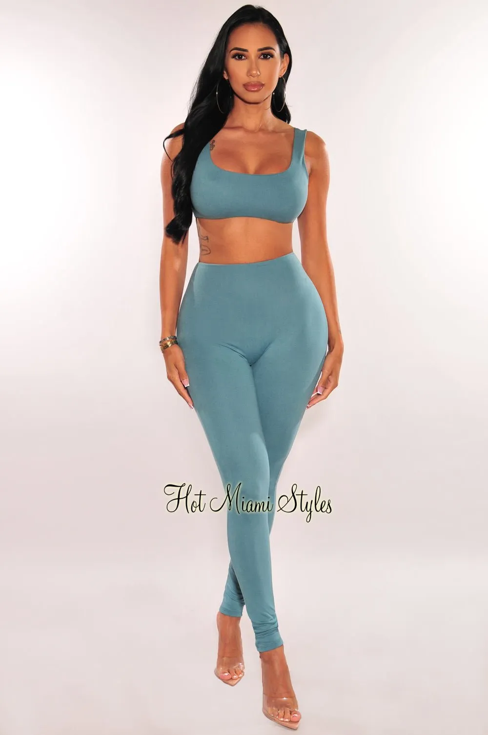 HMS Essential: Teal Crop Top High Waist Legging Two Piece Set sold by Hot Miami Styles