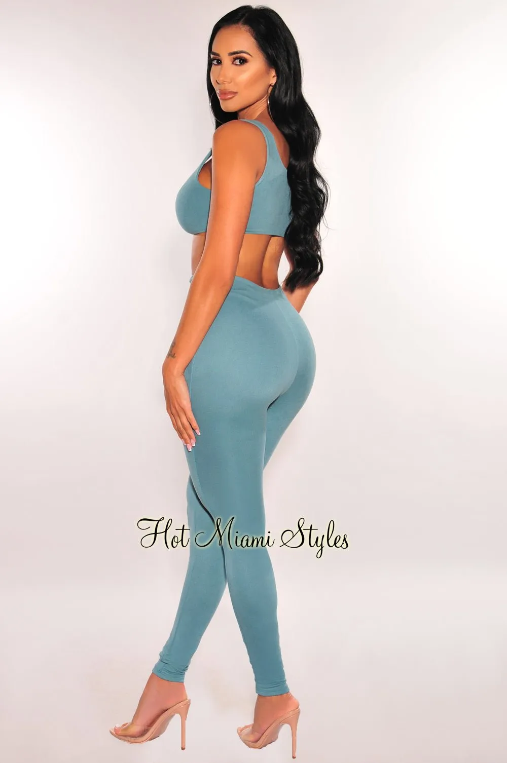 HMS Essential: Teal Crop Top High Waist Legging Two Piece Set sold by Hot Miami Styles product image thumbnail 2