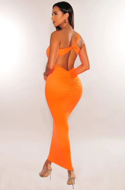 Neon Orange One Sleeve Cut Out Ruched Dress sold by Hot Miami Styles