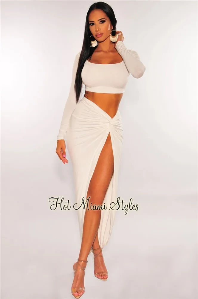 White Long Sleeves Knotted Slit Skirt Two Piece Set sold by Hot Miami Styles product image thumbnail 3
