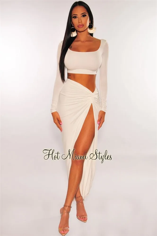 White Long Sleeves Knotted Slit Skirt Two Piece Set sold by Hot Miami Styles