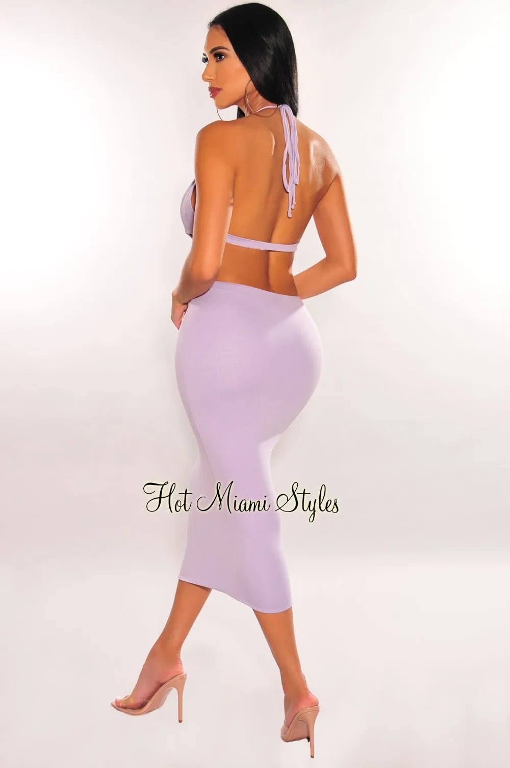 Lilac Halter V Neck Cut Out Open Back Midi Dress sold by Hot Miami Styles product image thumbnail 2