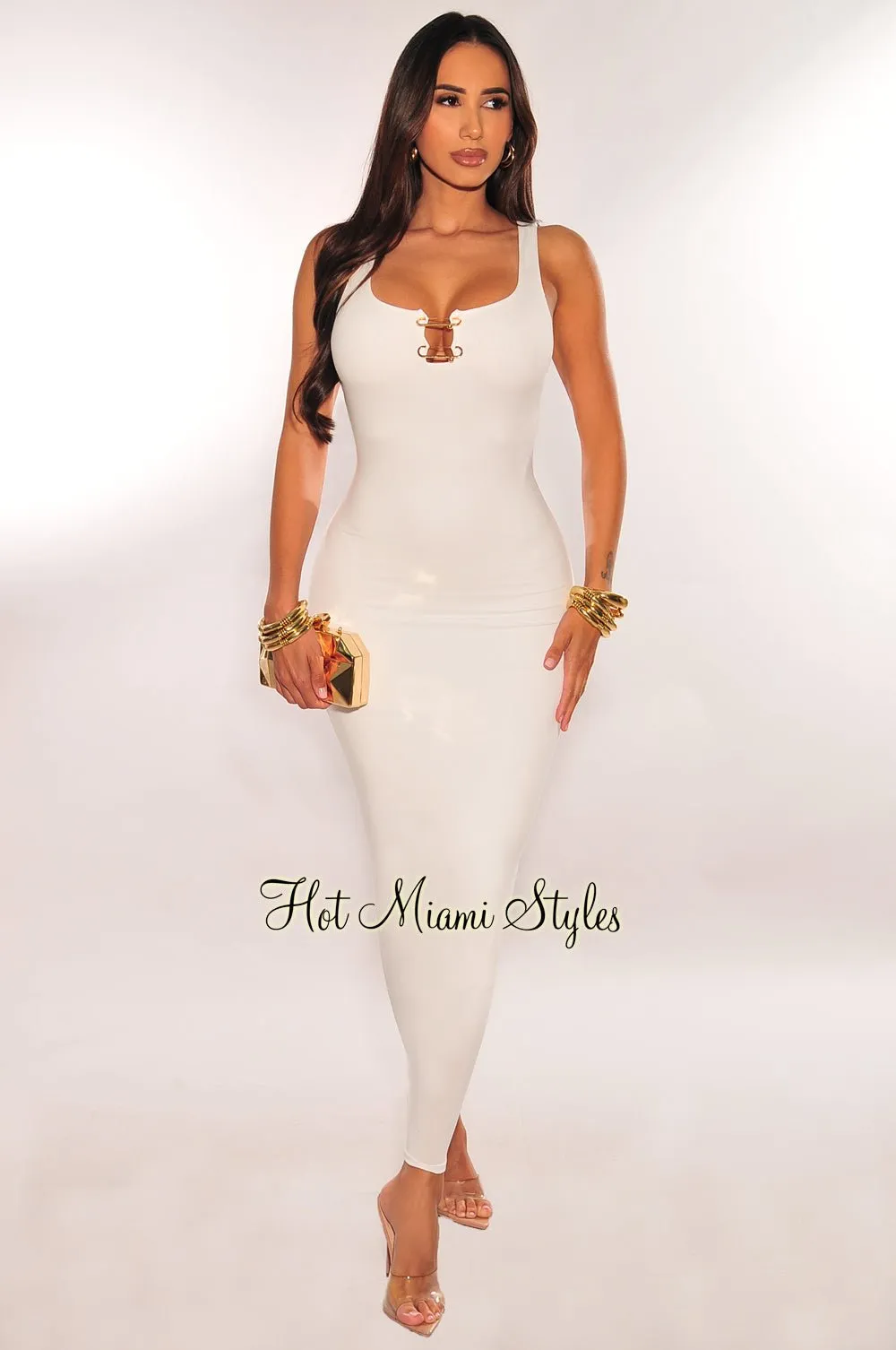 White Sleeveless Gold Ring Cut Out Scrunch Butt Dress sold by Hot Miami Styles