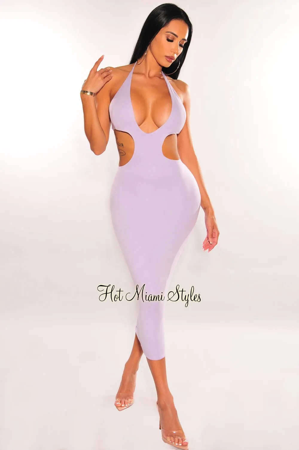 Lilac Halter V Neck Cut Out Open Back Midi Dress sold by Hot Miami Styles