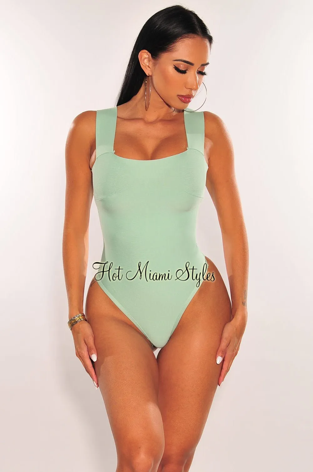 Mint Square Neck Straps Bandage Bodysuit sold by Hot Miami Styles