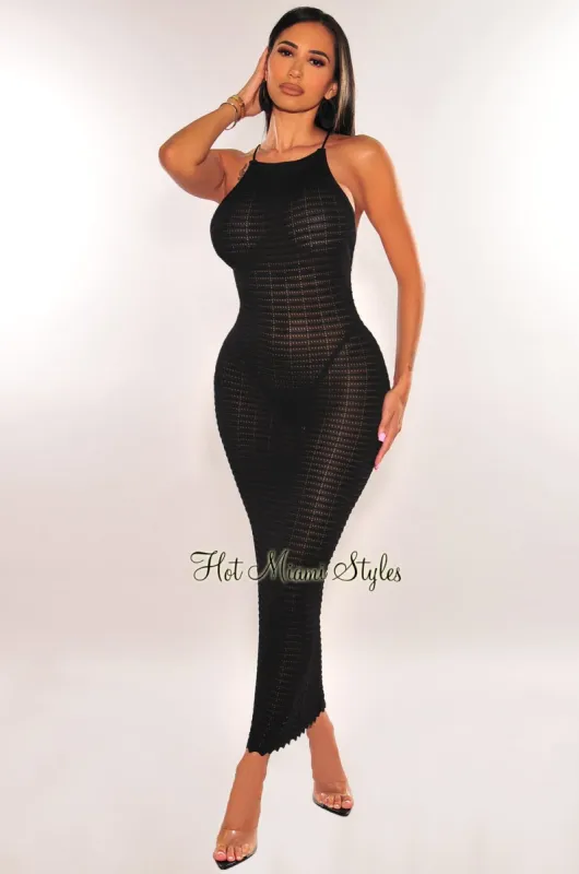 Black Crochet Lace Up Back Midi Dress sold by Hot Miami Styles
