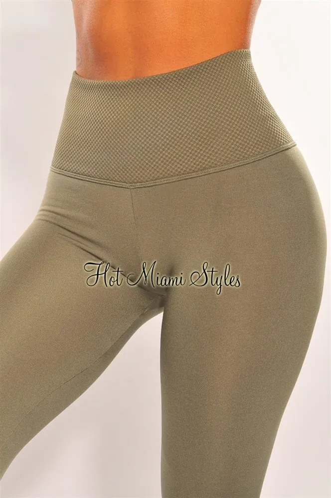 HMS Lounge: Olive Textured Waistband High Waist Fleece Lined Leggings sold by Hot Miami Styles product image thumbnail 3