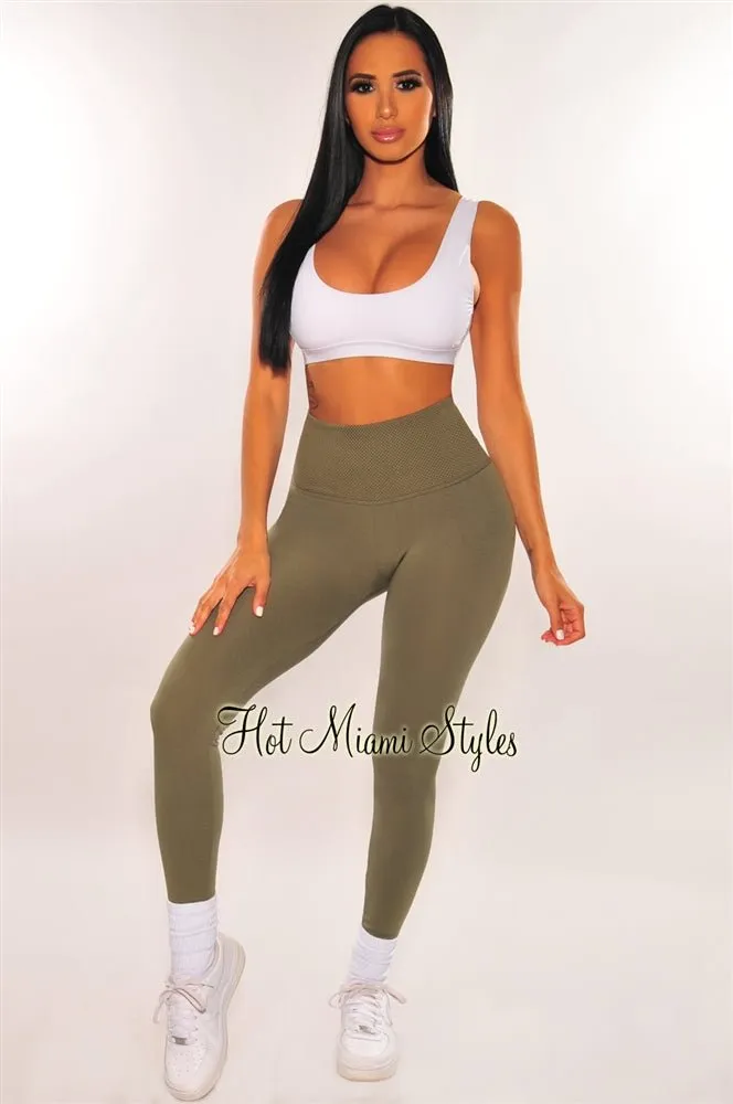 HMS Lounge: Olive Textured Waistband High Waist Fleece Lined Leggings sold by Hot Miami Styles