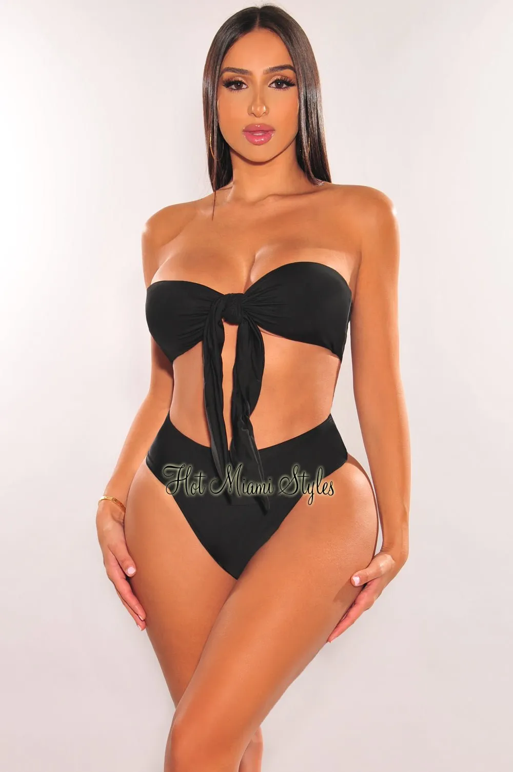 Black Padded Bandeau Tie Up High Rise Bikini Bottom sold by Hot Miami Styles
