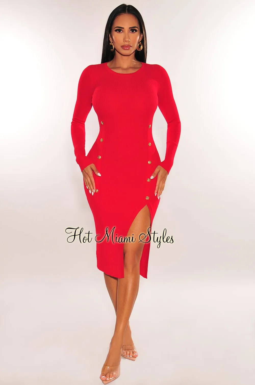 Red Ribbed Long Sleeve Gold Button Slit Dress sold by Hot Miami Styles