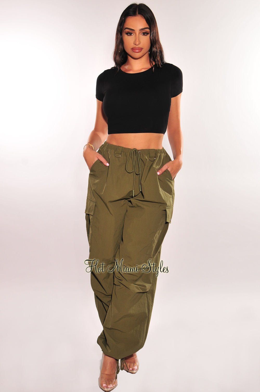 Olive Drawstring Cargo Parachute Pants sold by Hot Miami Styles
