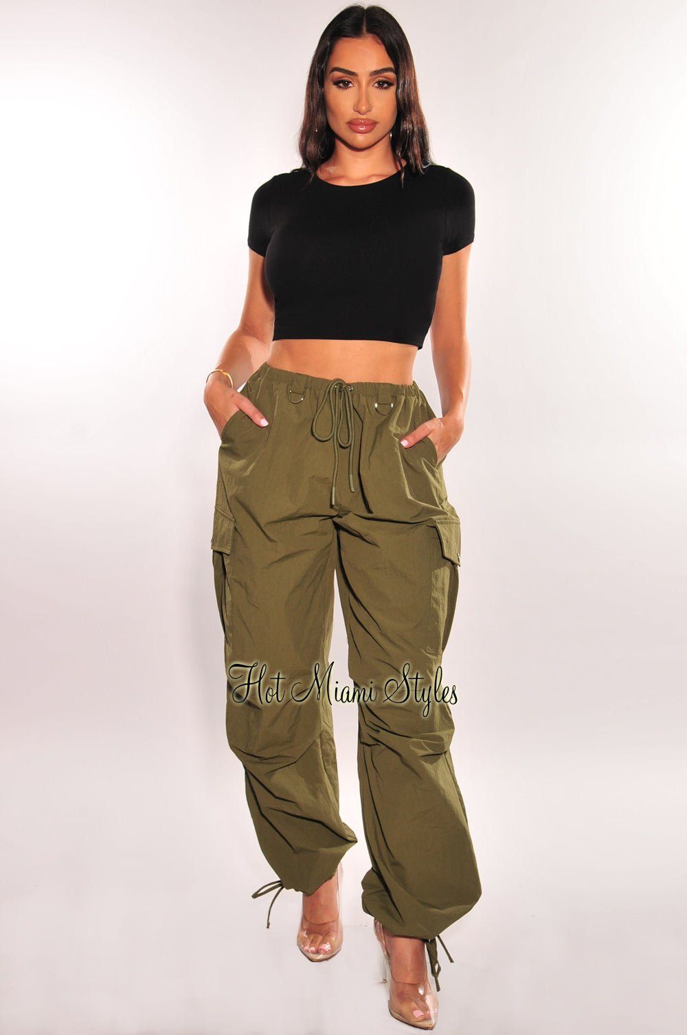 Olive Drawstring Cargo Parachute Pants sold by Hot Miami Styles product image thumbnail 2