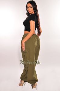 Olive Drawstring Cargo Parachute Pants sold by Hot Miami Styles