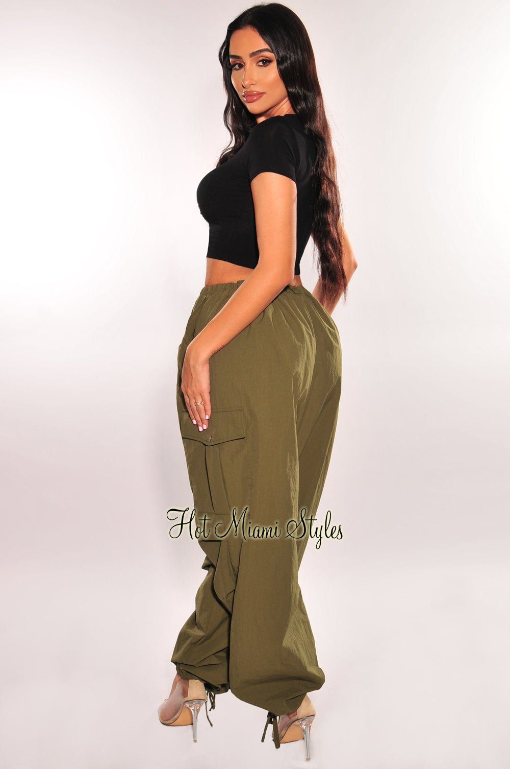Olive Drawstring Cargo Parachute Pants sold by Hot Miami Styles product image thumbnail 3