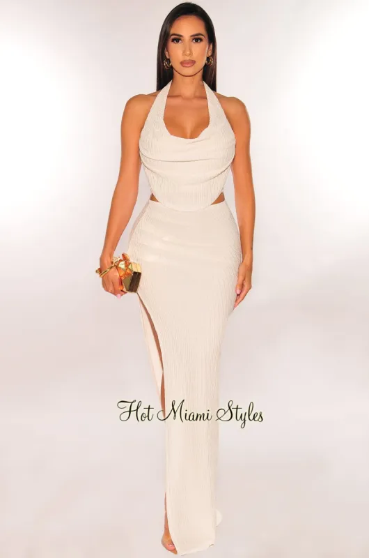 Cream Halter Cowl Neck Pleated Two Piece Skirt Set sold by Hot Miami Styles