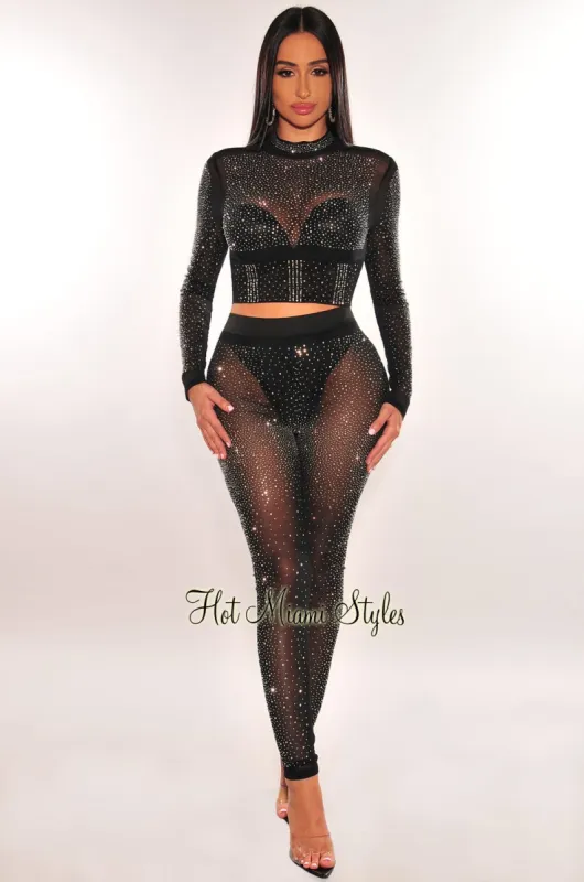 Black Sheer Mesh Rhinestone Long Sleeves Pants Two Piece Set sold by Hot Miami Styles