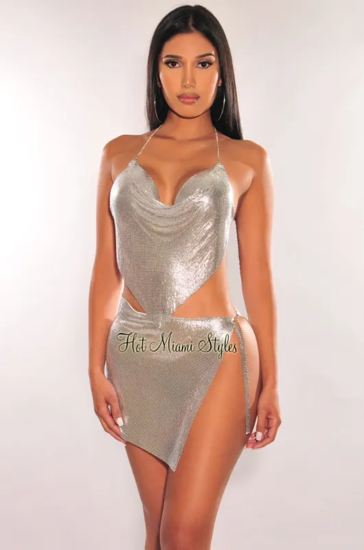 Silver Metallic Chainmail Slit Mini Skirt sold by Hot Miami Styles