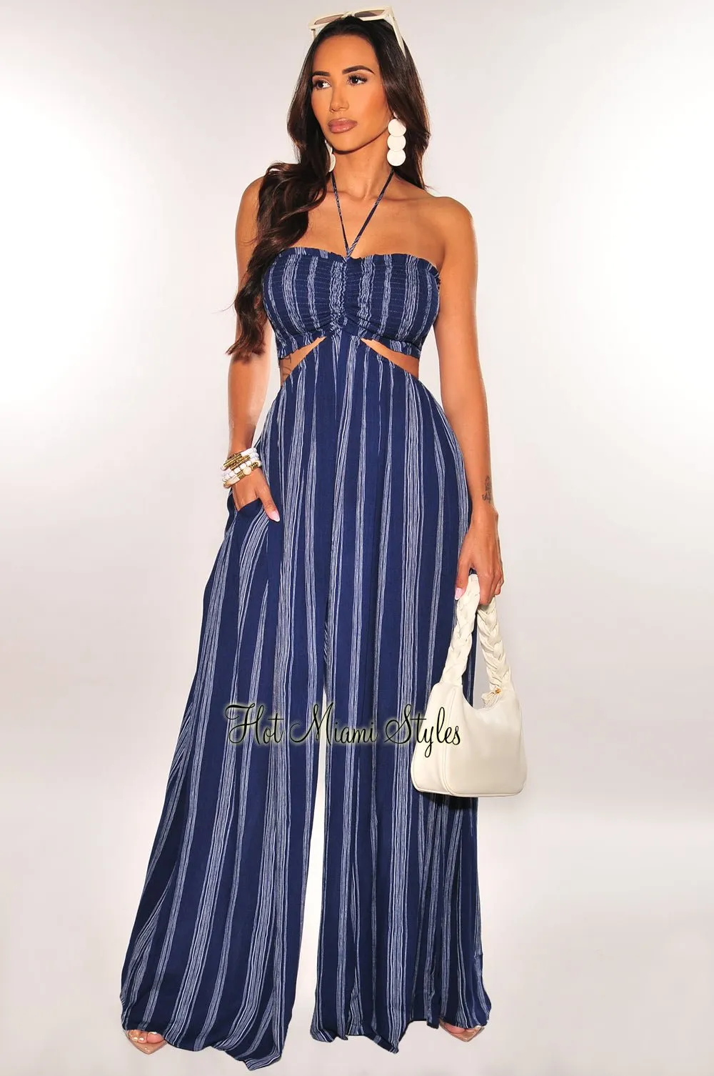 Navy Blue Striped Smocked Halter Drawstring Cut Out Jumpsuit sold by Hot Miami Styles