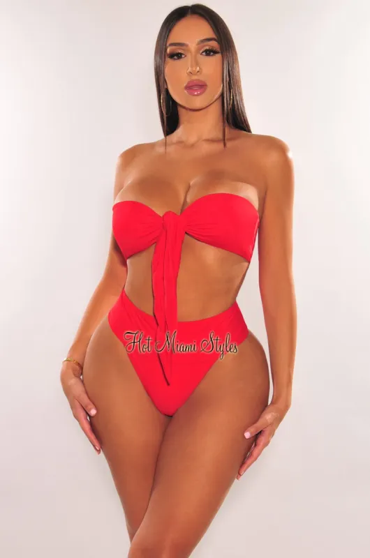 Red Padded Bandeau Tie Up High Rise Bikini Bottom sold by Hot Miami Styles