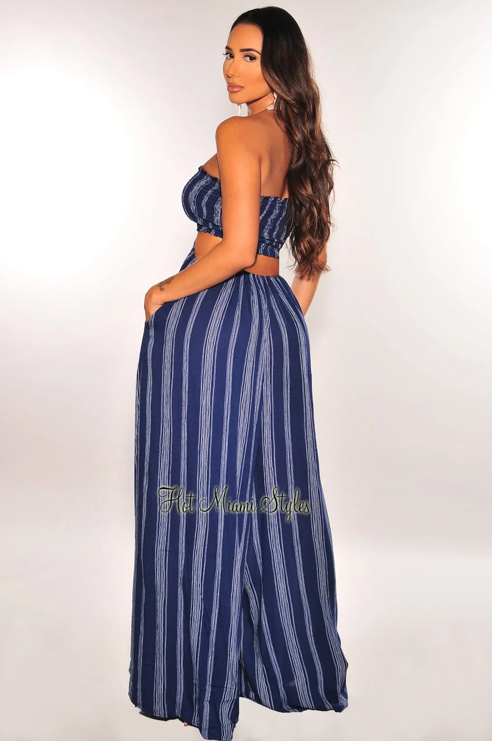 Navy Blue Striped Smocked Halter Drawstring Cut Out Jumpsuit sold by Hot Miami Styles product image thumbnail 2