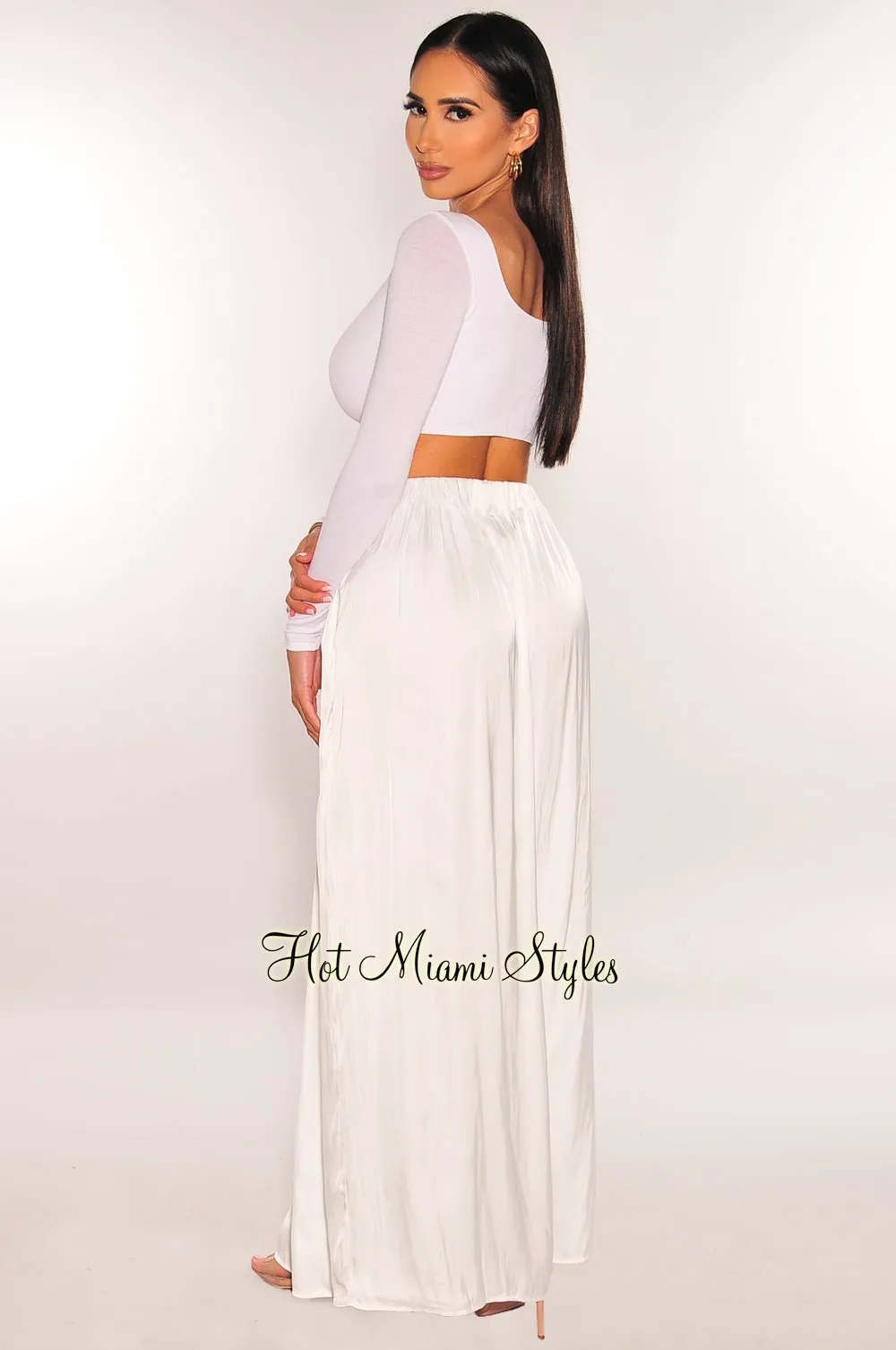 White Silky High Waist Pleated Palazzo Pants sold by Hot Miami Styles product image thumbnail 5