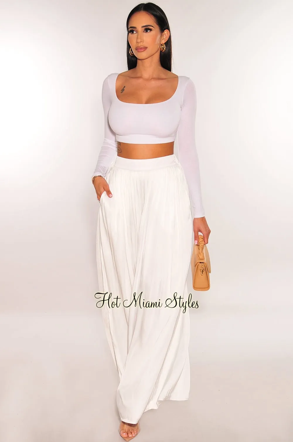 White Silky High Waist Pleated Palazzo Pants sold by Hot Miami Styles product image thumbnail 3