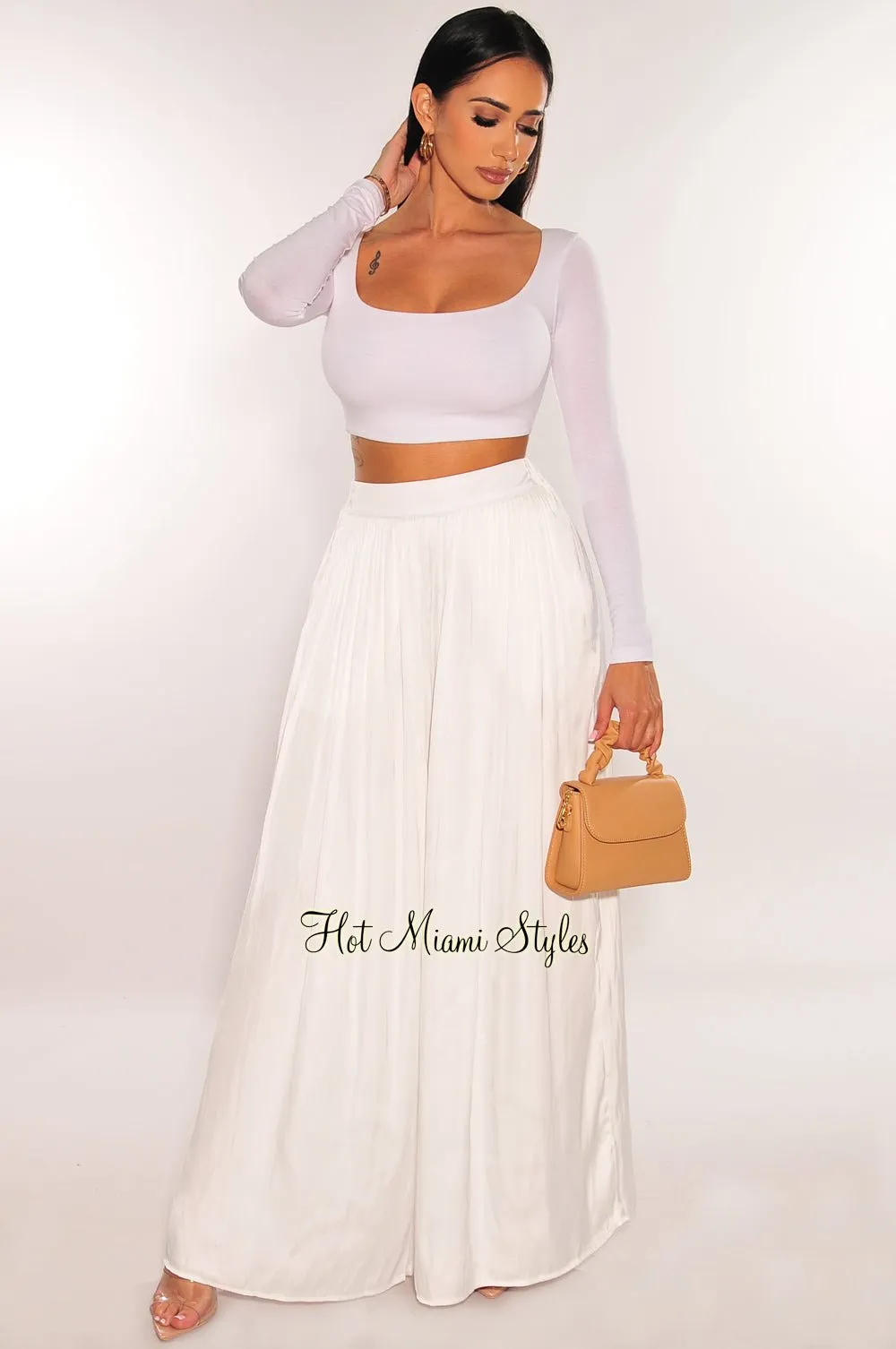 White Silky High Waist Pleated Palazzo Pants sold by Hot Miami Styles product image thumbnail 4