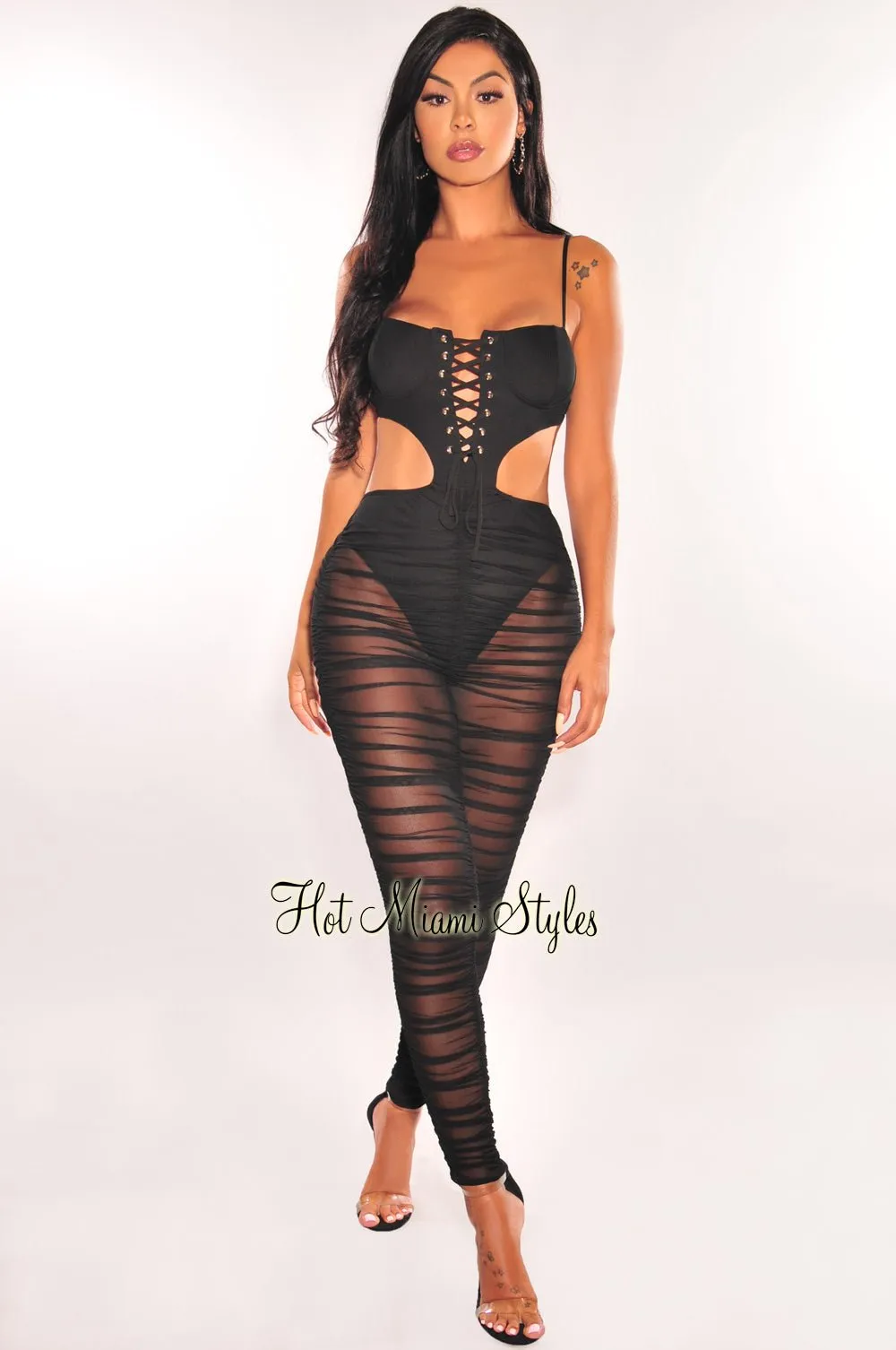 Black Spaghetti Straps Lace Up Cut Out Mesh Ruched Jumpsuit sold by Hot Miami Styles product image thumbnail 2