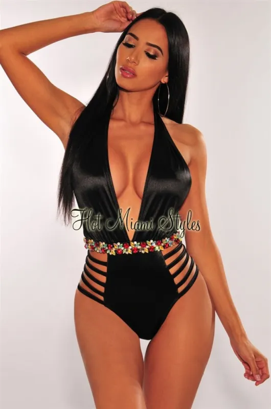 Black Halter Rhinestone Strappy Sides Swimsuit sold by Hot Miami Styles