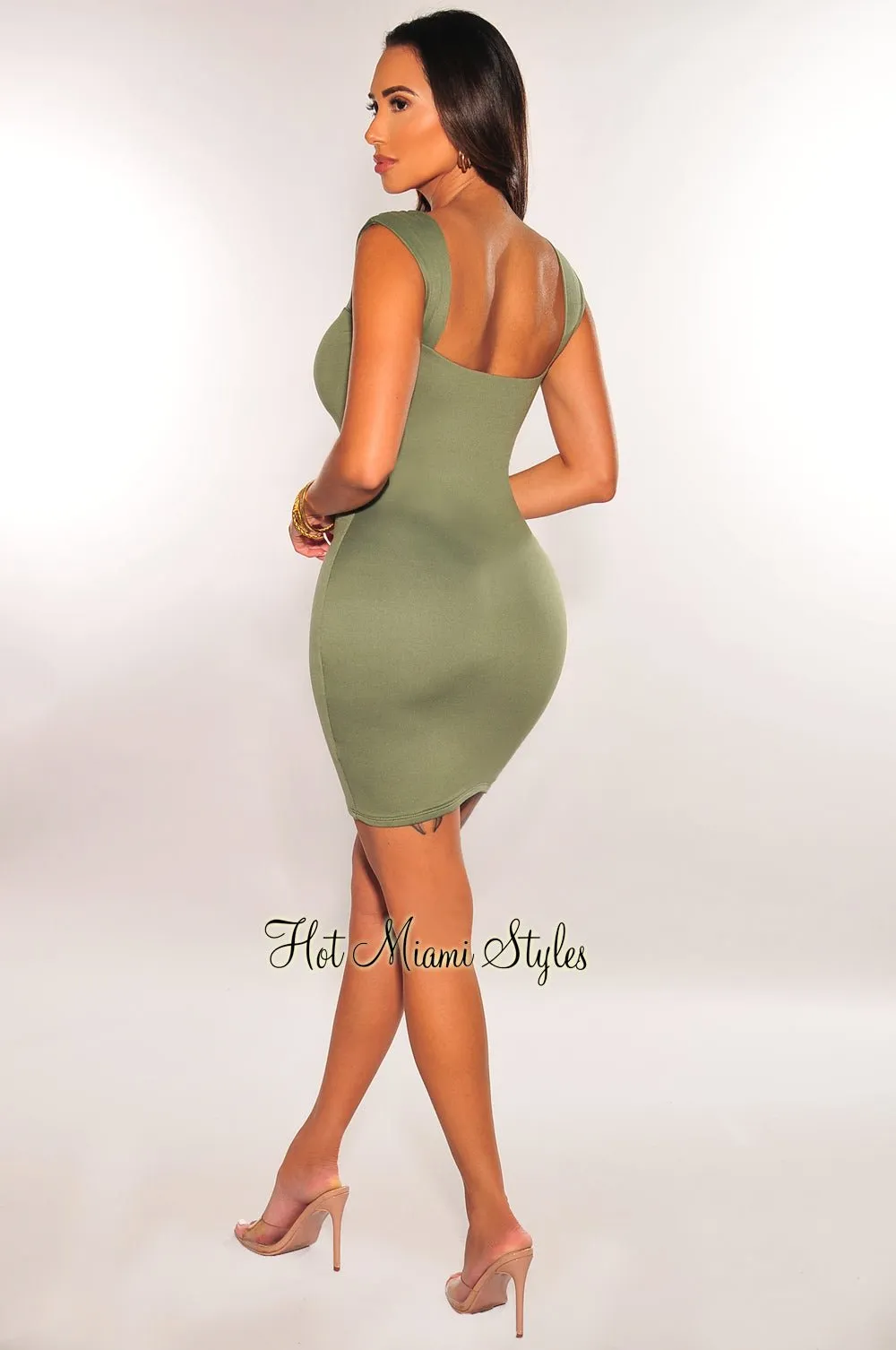 Olive Cap Sleeve Sweetheart Mini Dress sold by Hot Miami Styles product image thumbnail 4