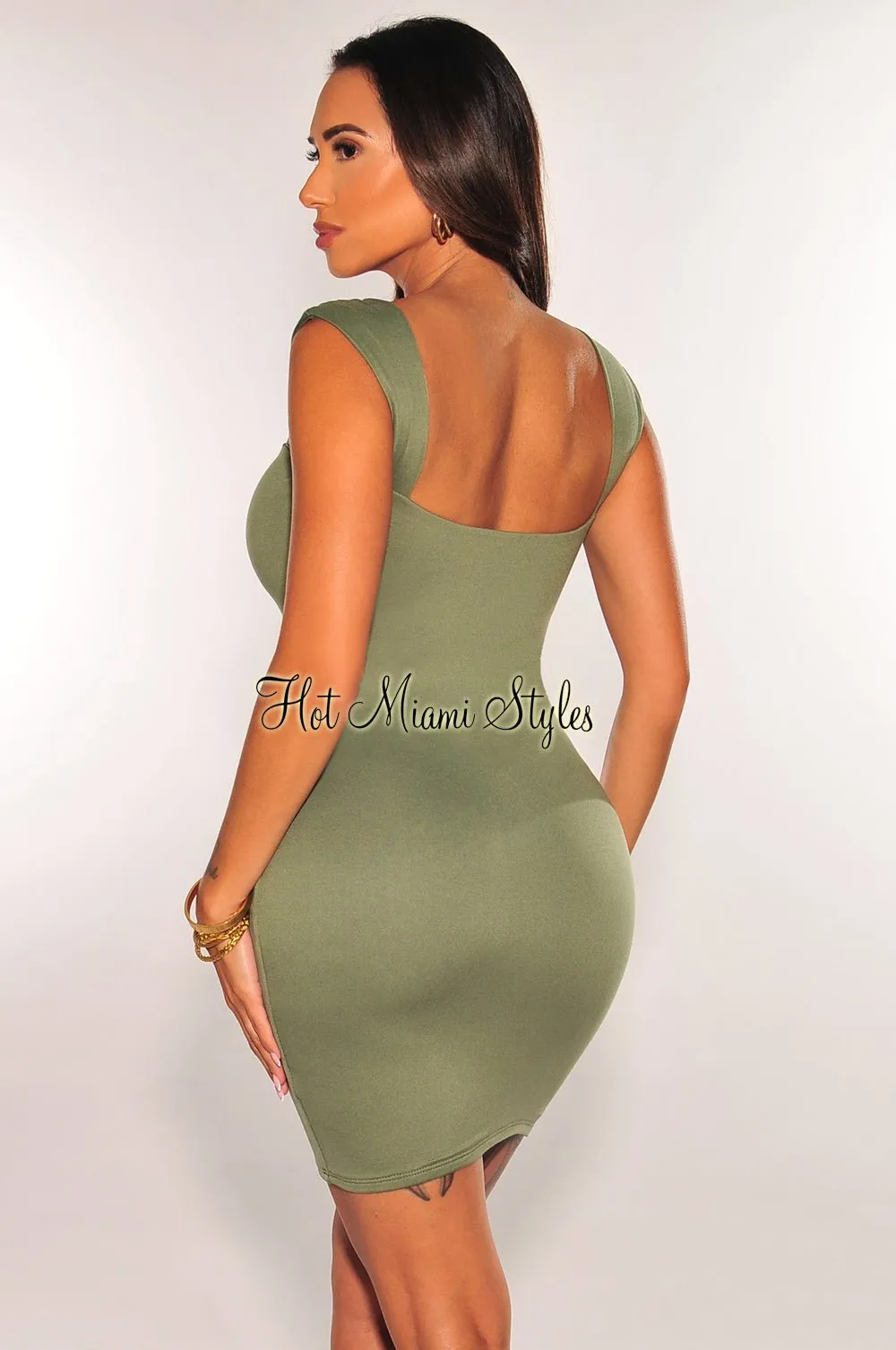 Olive Cap Sleeve Sweetheart Mini Dress sold by Hot Miami Styles product image thumbnail 2