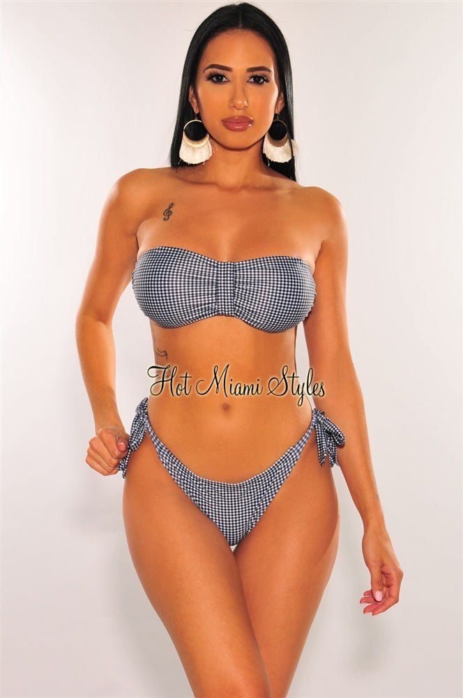 Black Gingham Checker Tie Up Sides Scrunch Butt Bikini Top sold by Hot Miami Styles