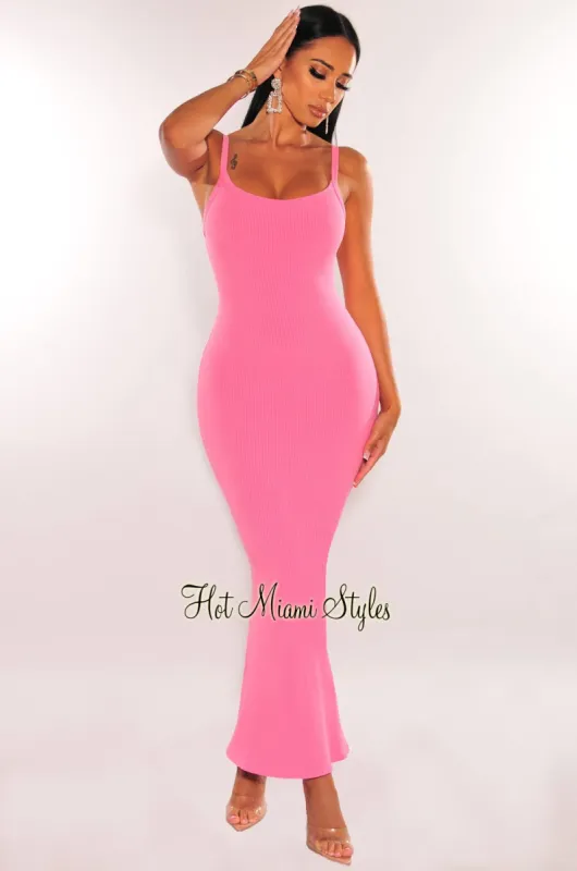 Pink Ribbed Spaghetti Straps Flare Mermaid Maxi Dress sold by Hot Miami Styles