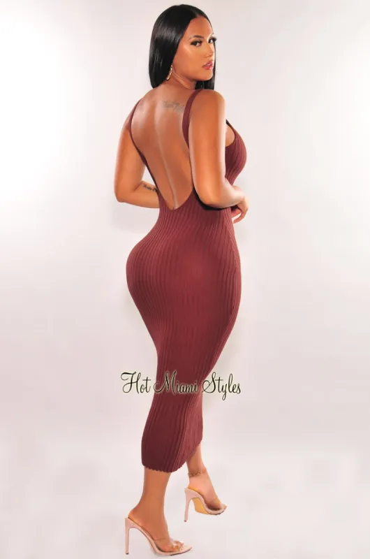 Chocolate Ribbed Sleeveless Scoop Back Midi Dress sold by Hot Miami Styles
