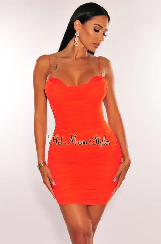 Tangerine Satin Mesh Padded Strappy Back Ruched Mini Dress sold by Hot Miami Styles