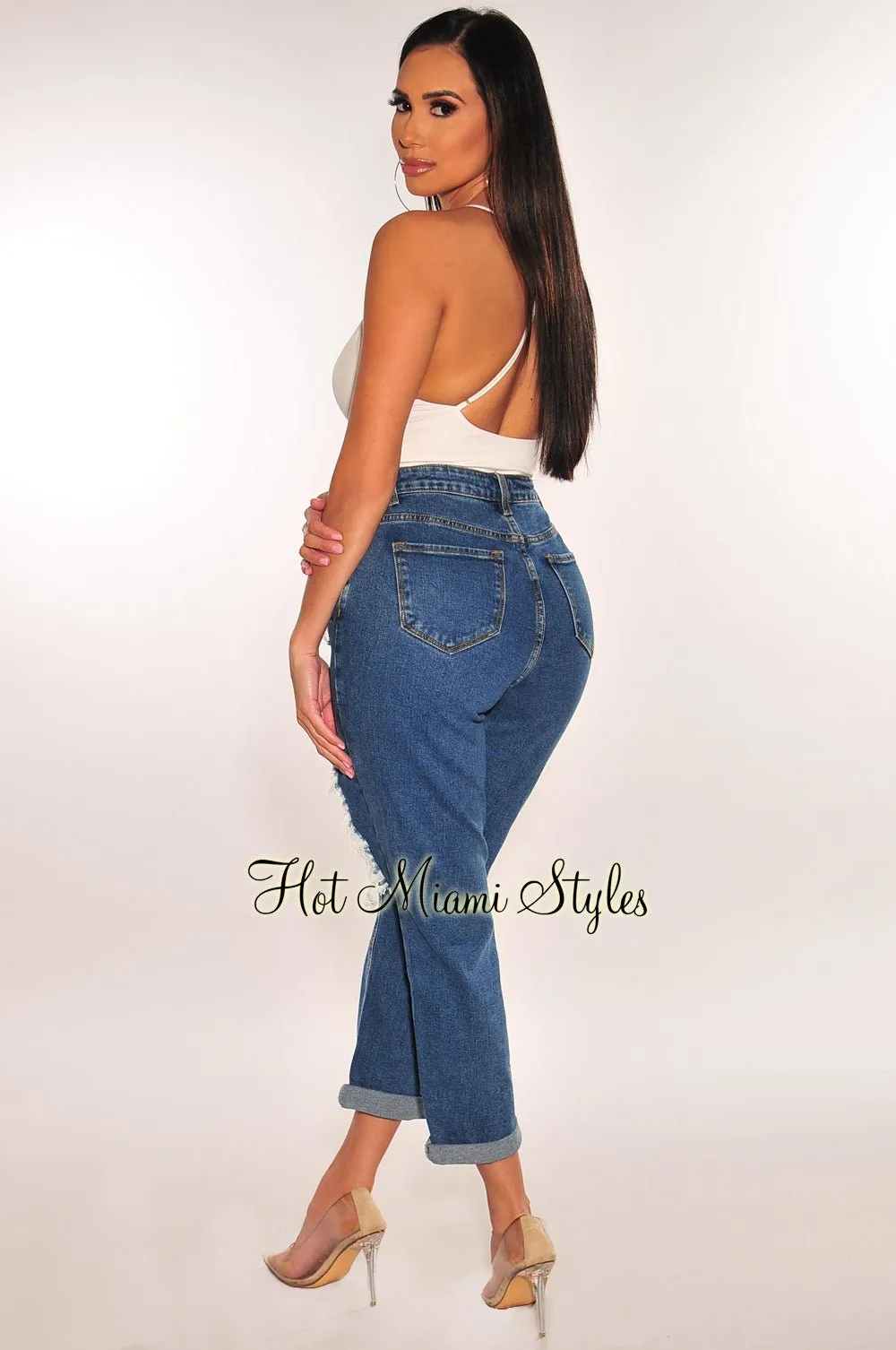 Blue Denim Ripped Mom Jeans sold by Hot Miami Styles product image thumbnail 2