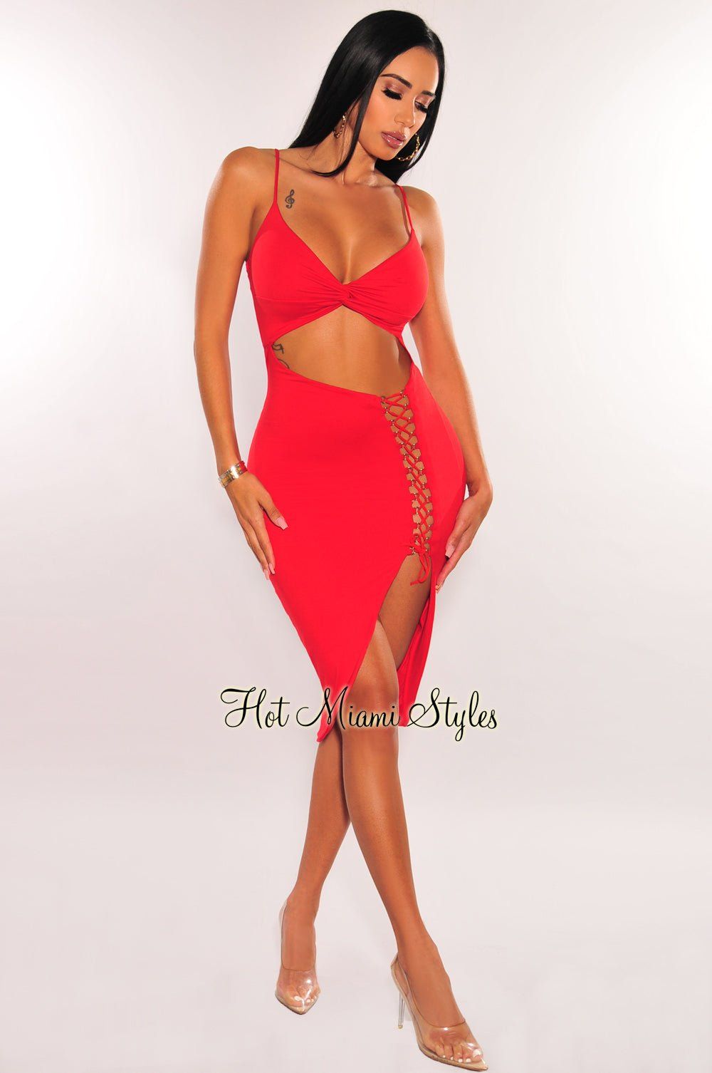 Red Spaghetti Strap Knotted Cut Out Lace Up Asymmetrical Dress sold by Hot Miami Styles product image thumbnail 3