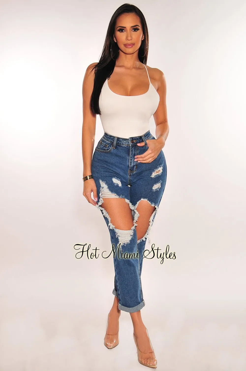 Blue Denim Ripped Mom Jeans sold by Hot Miami Styles