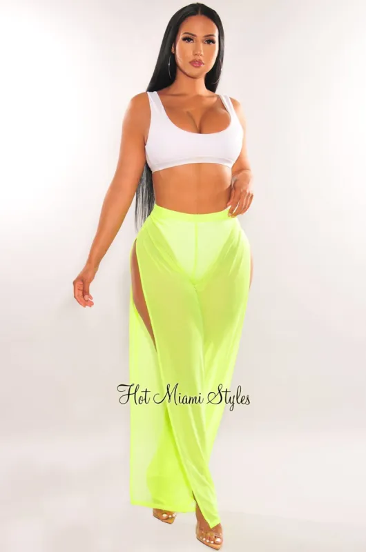 Neon Lime Mesh Sheer High Waist Double Slit Cover Up Pants sold by Hot Miami Styles